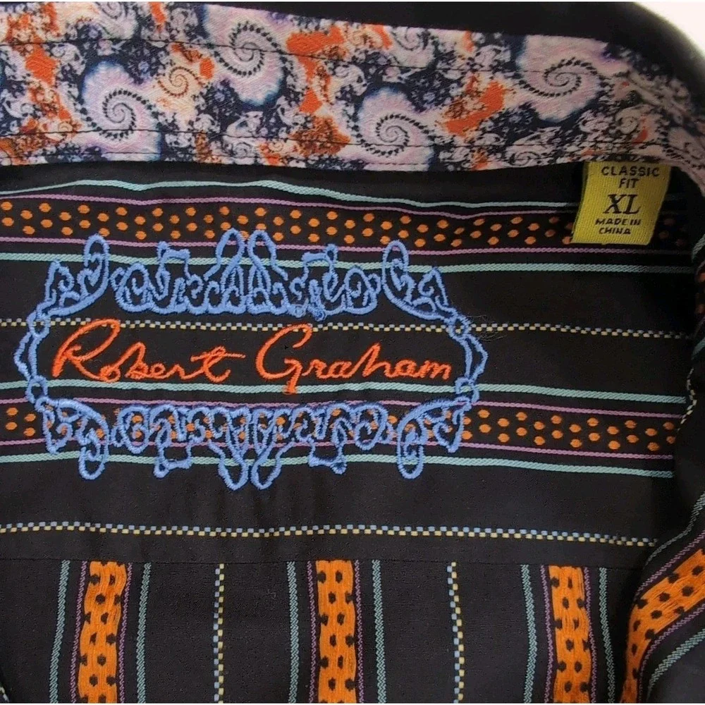 Robert Graham Flip Cuff Shirt Mens XL Classic Fit Black Orange Teal Paisley